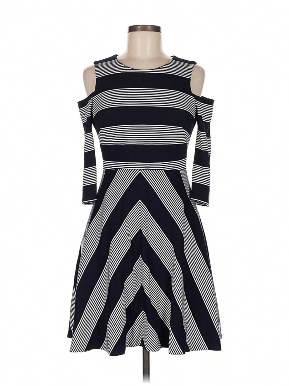 Eliza J Navy White Stripe Cold Shoulder Fit & Flare Dress Size 6